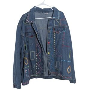 Vibrant 90s Geometric Novelty Denim Jacket - Bold Maximalist Statement 3X